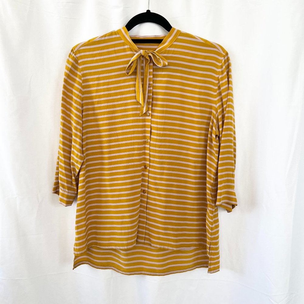 Fossil Yellow & Mauve Striped 3/4 Sleeve Bow Collar Button Down Blouse Sz M